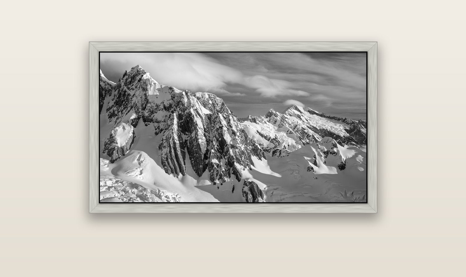 Crown of Cloud, Southern Alps — silver float frame canvas, 102 × 56 cm. New Zealand fine art landscape wall art by Stephen Milner.