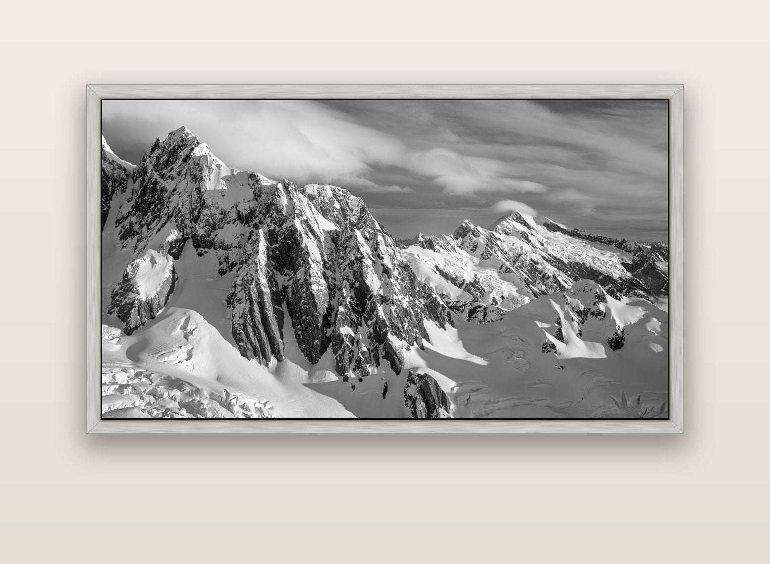 Crown of Cloud, Southern Alps — silver float frame canvas, 152 × 86 cm. New Zealand fine art landscape wall art by Stephen Milner.