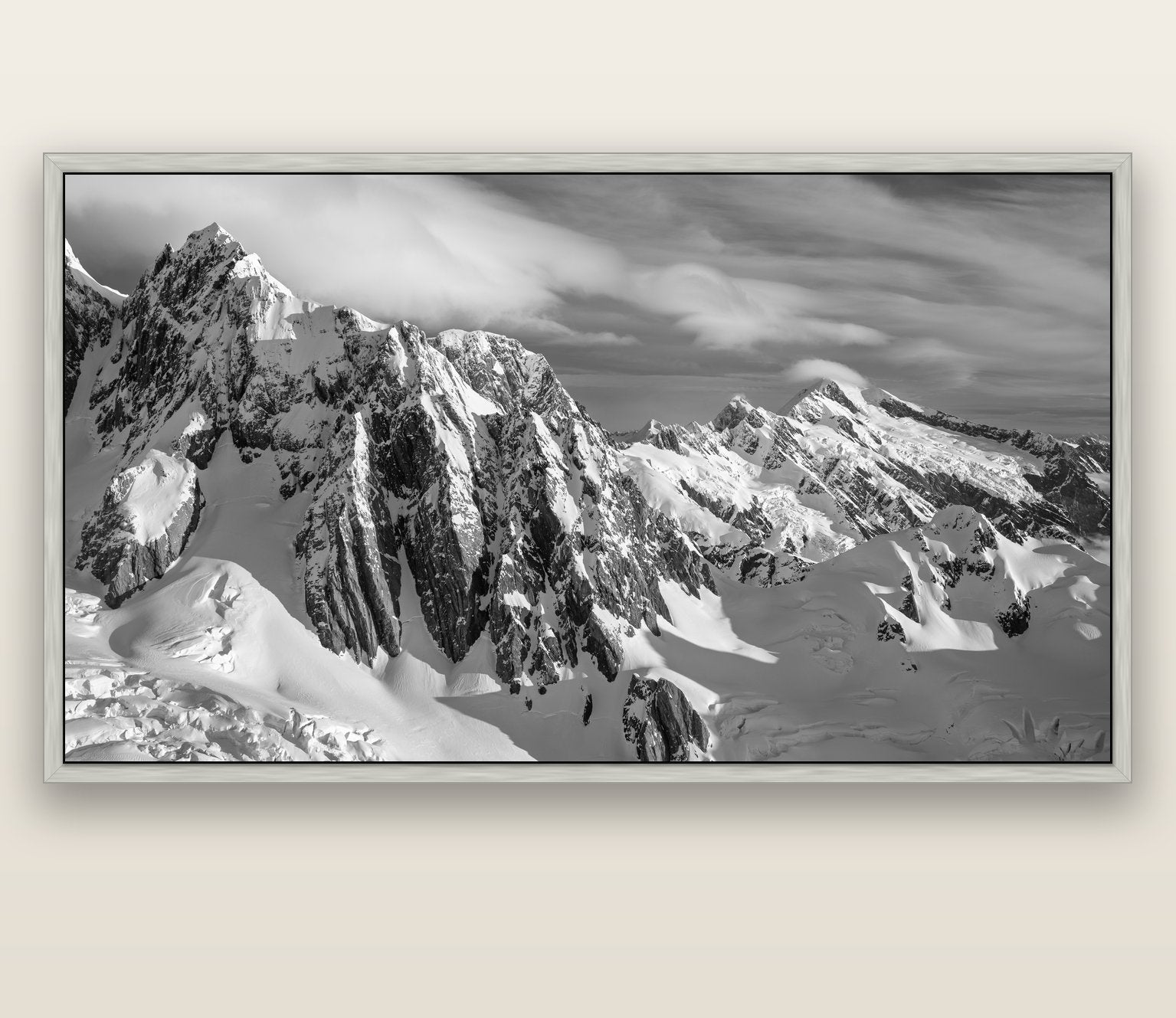 Crown of Cloud, Southern Alps — silver float frame canvas, 200 × 130 cm. New Zealand fine art landscape wall art by Stephen Milner.