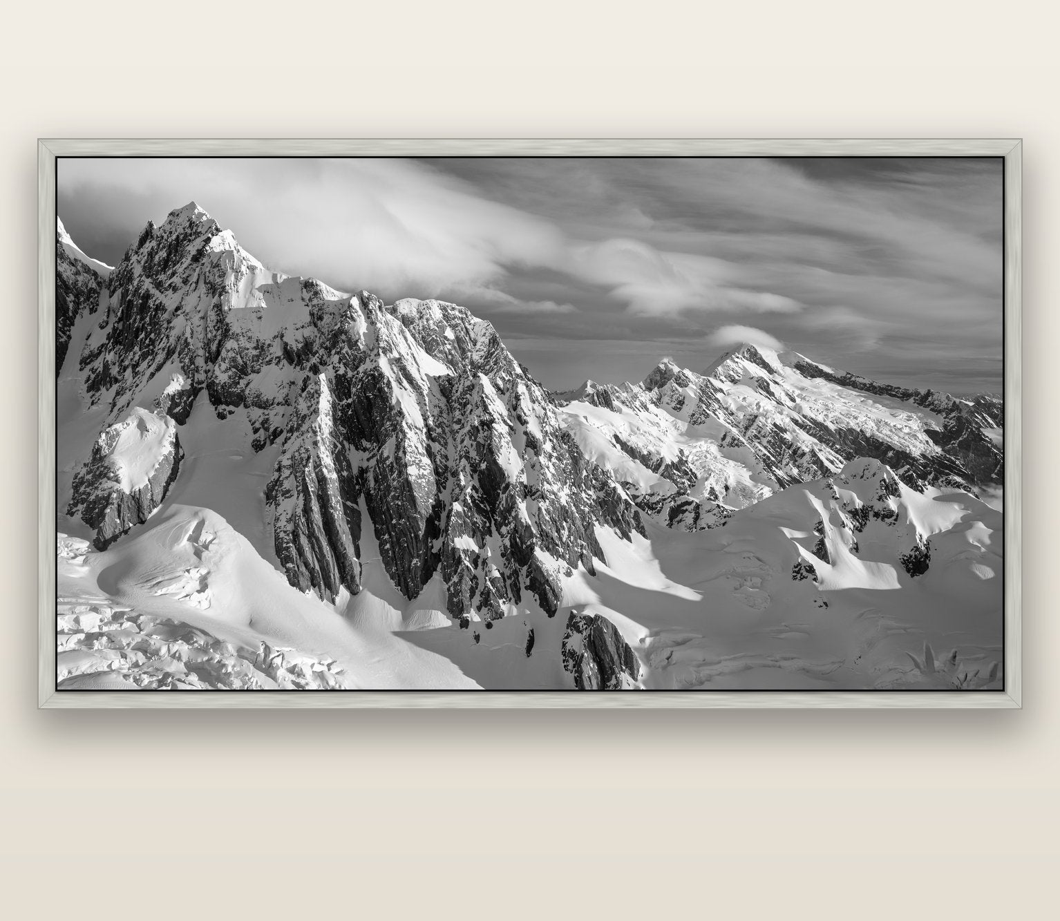 Crown of Cloud, Southern Alps — silver float frame canvas, 201 × 99 cm. New Zealand fine art landscape wall art by Stephen Milner.