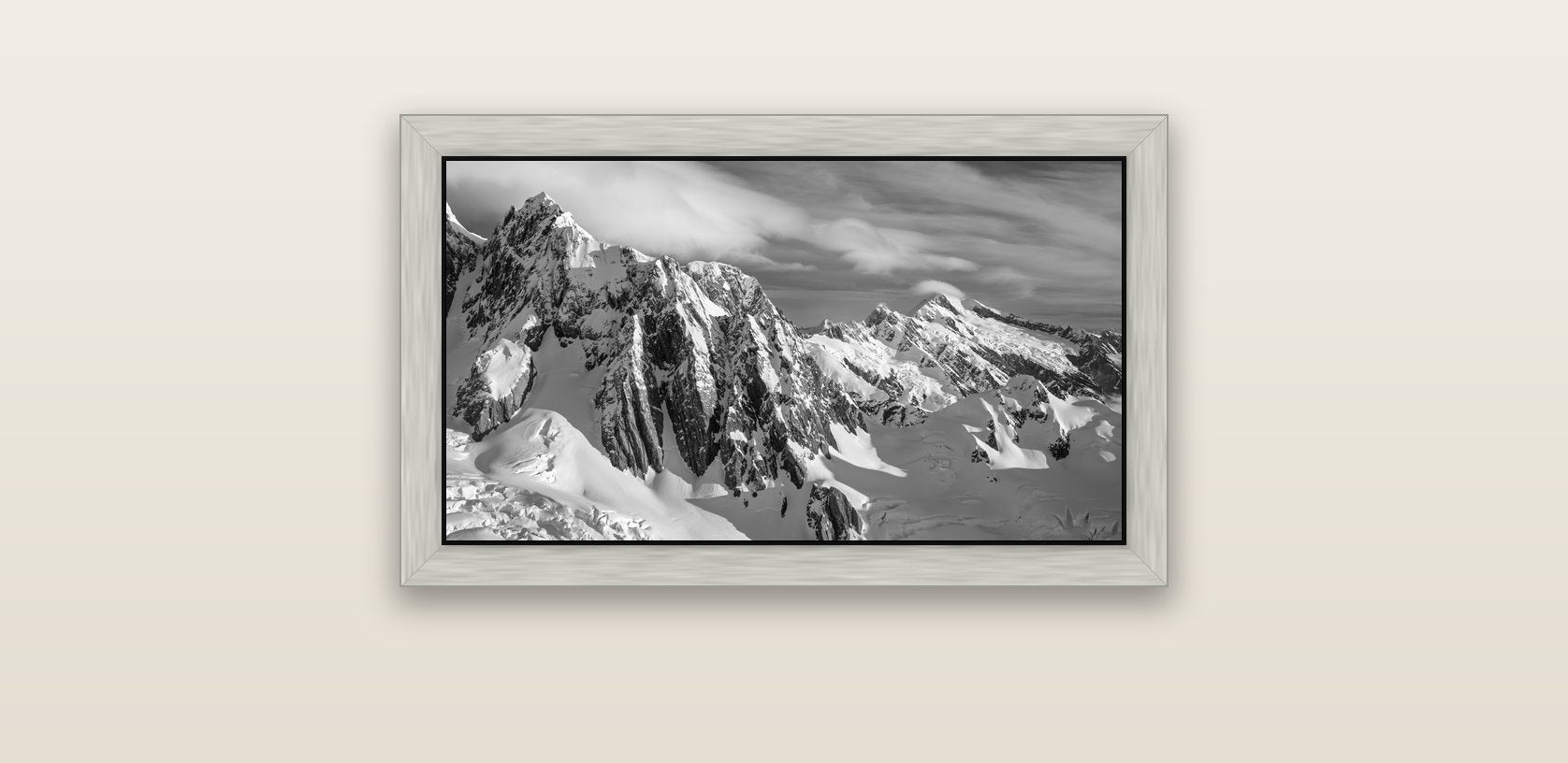 Crown of Cloud, Southern Alps — silver float frame canvas, 61 × 36 cm. New Zealand fine art landscape wall art by Stephen Milner.