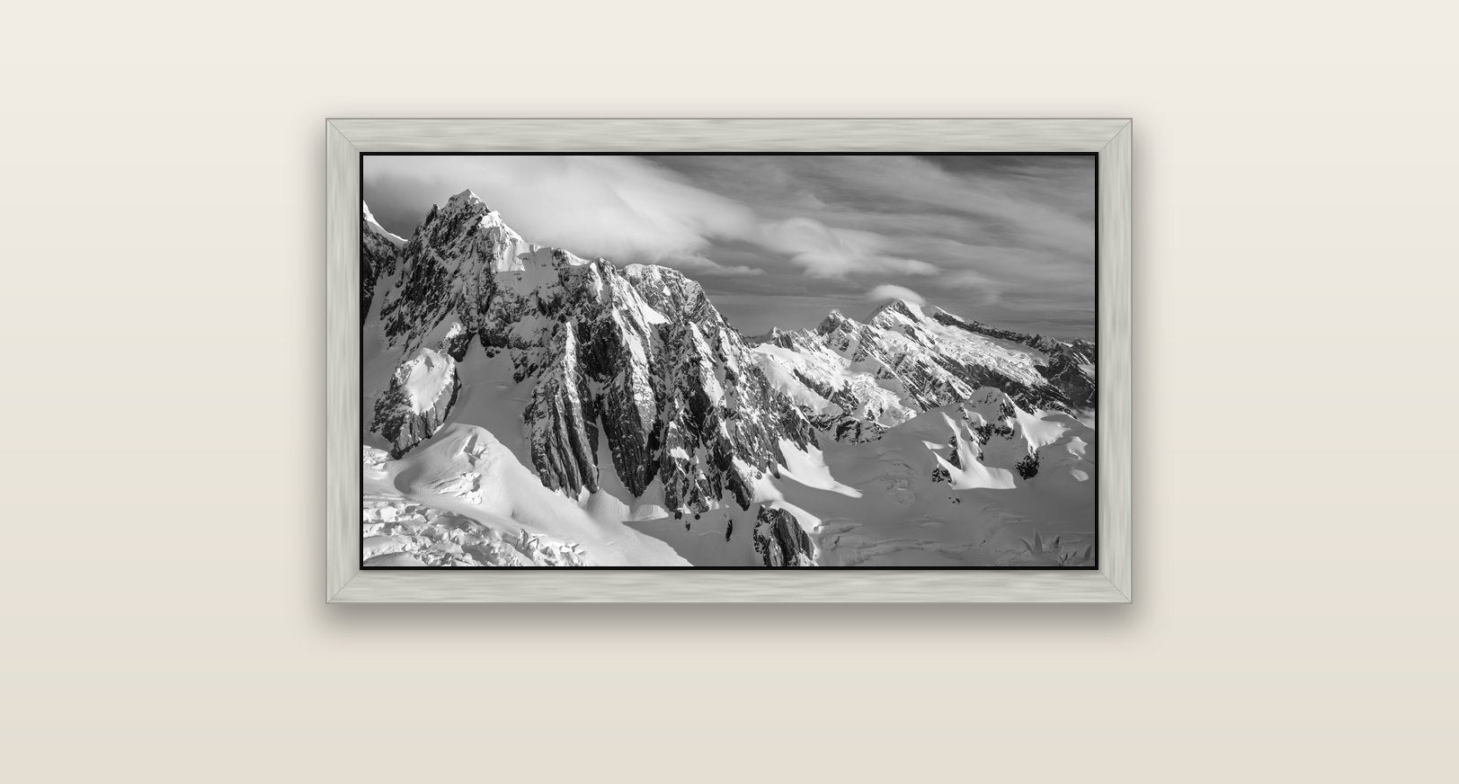 Crown of Cloud, Southern Alps — silver float frame canvas, 81 × 46 cm. New Zealand fine art landscape wall art by Stephen Milner.