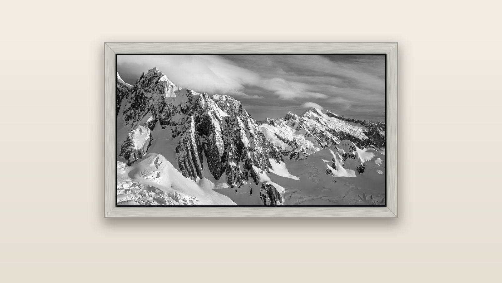 Crown of Cloud, Southern Alps — silver float frame canvas, 91 × 51 cm. New Zealand fine art landscape wall art by Stephen Milner.