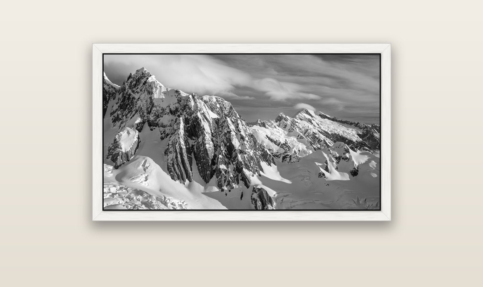 Crown of Cloud, Southern Alps — white float frame canvas, 102 × 56 cm. New Zealand fine art landscape wall art by Stephen Milner.