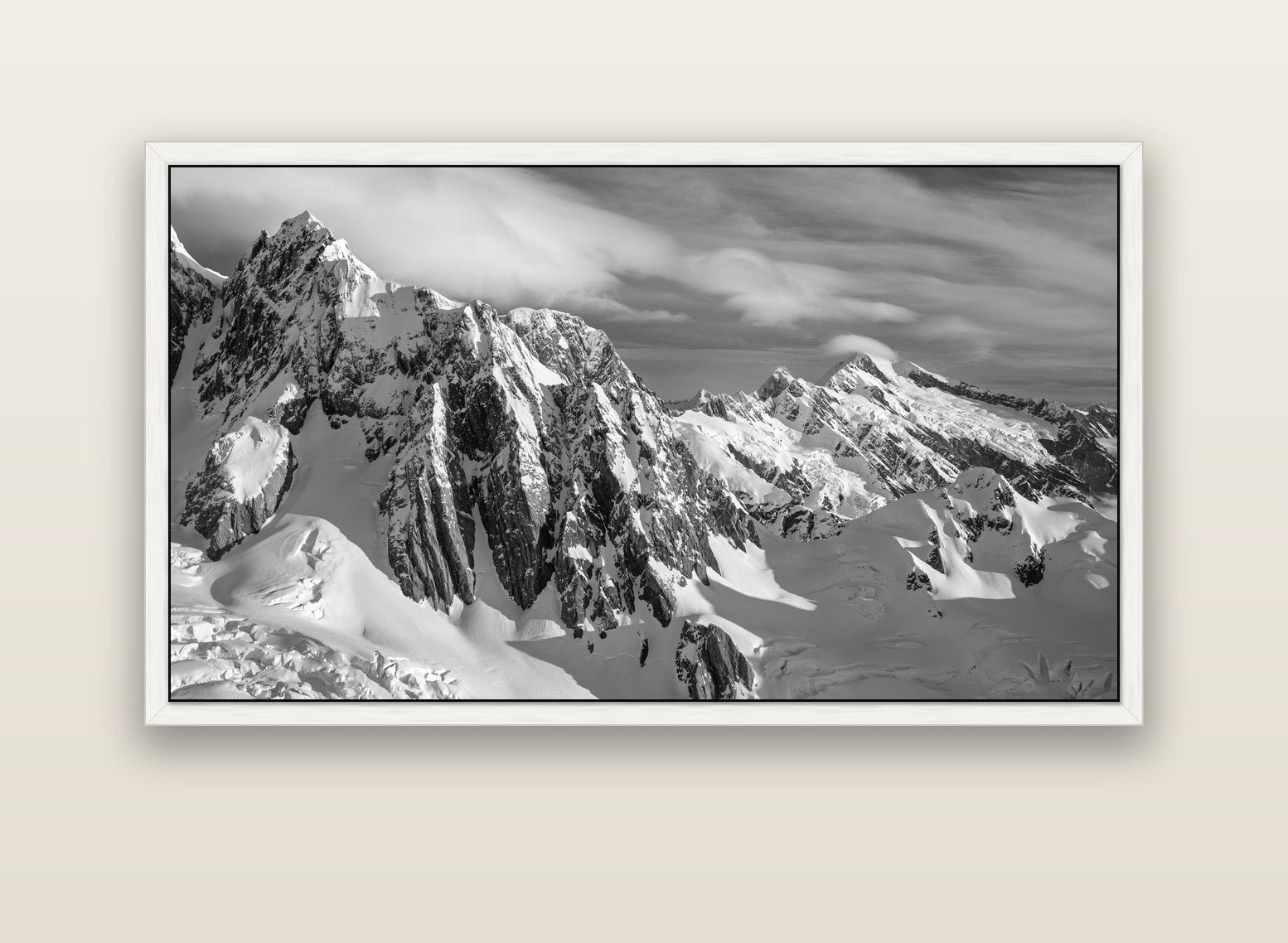 Crown of Cloud, Southern Alps — white float frame canvas, 152 × 86 cm. New Zealand fine art landscape wall art by Stephen Milner.