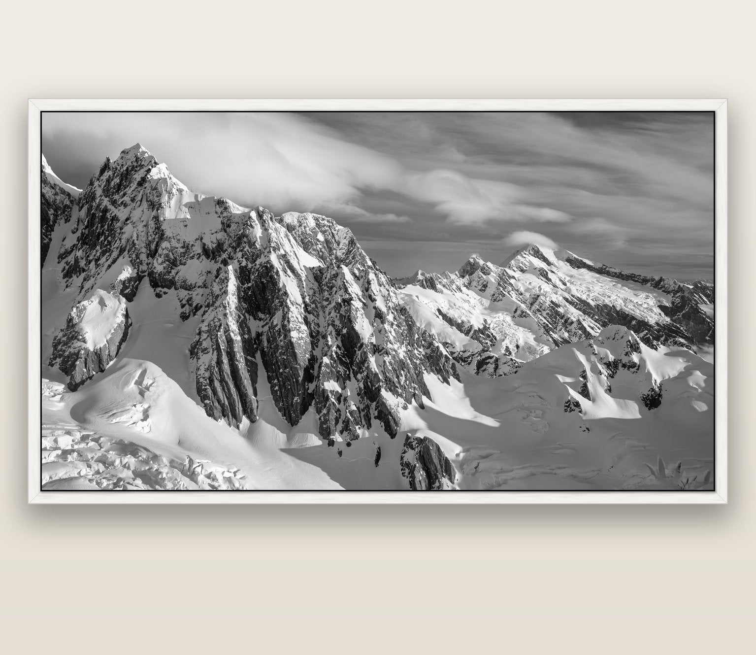Crown of Cloud, Southern Alps — white float frame canvas, 200 × 130 cm. New Zealand fine art landscape wall art by Stephen Milner.