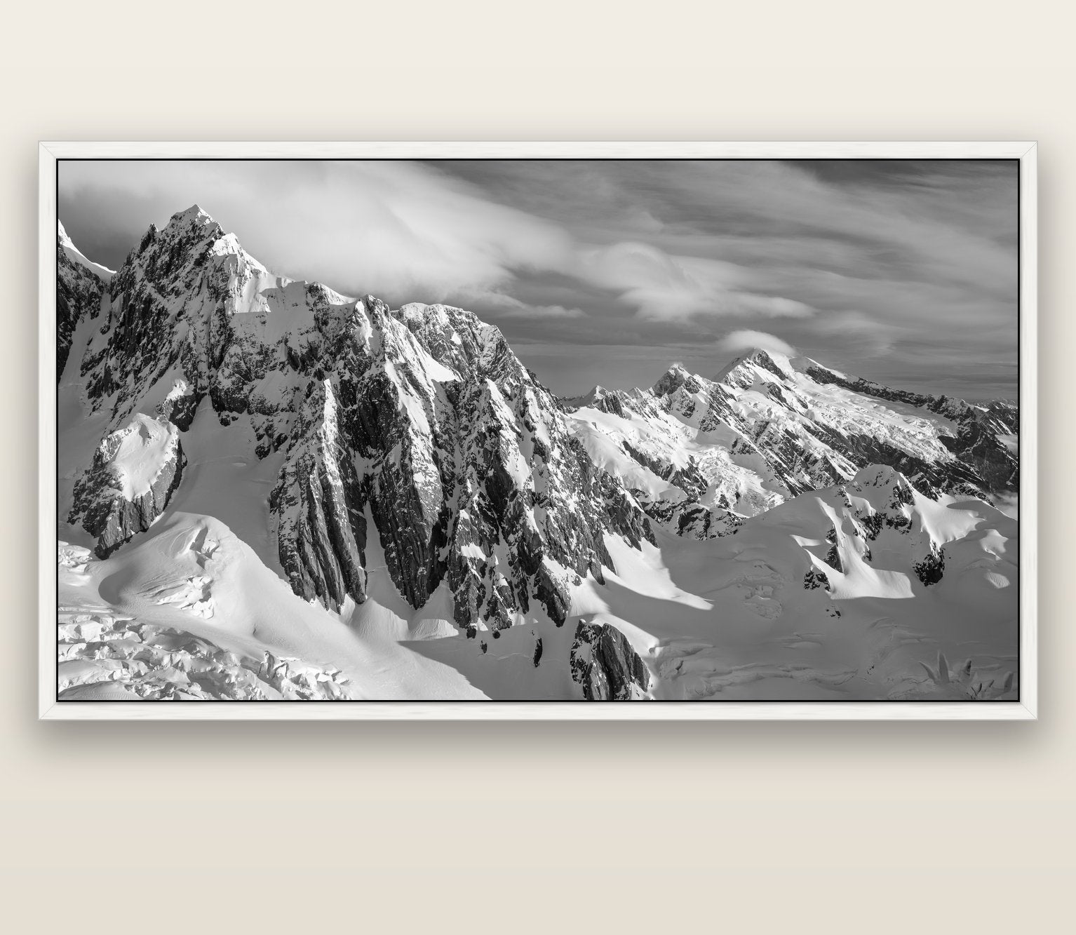 Crown of Cloud, Southern Alps — white float frame canvas, 201 × 99 cm. New Zealand fine art landscape wall art by Stephen Milner.