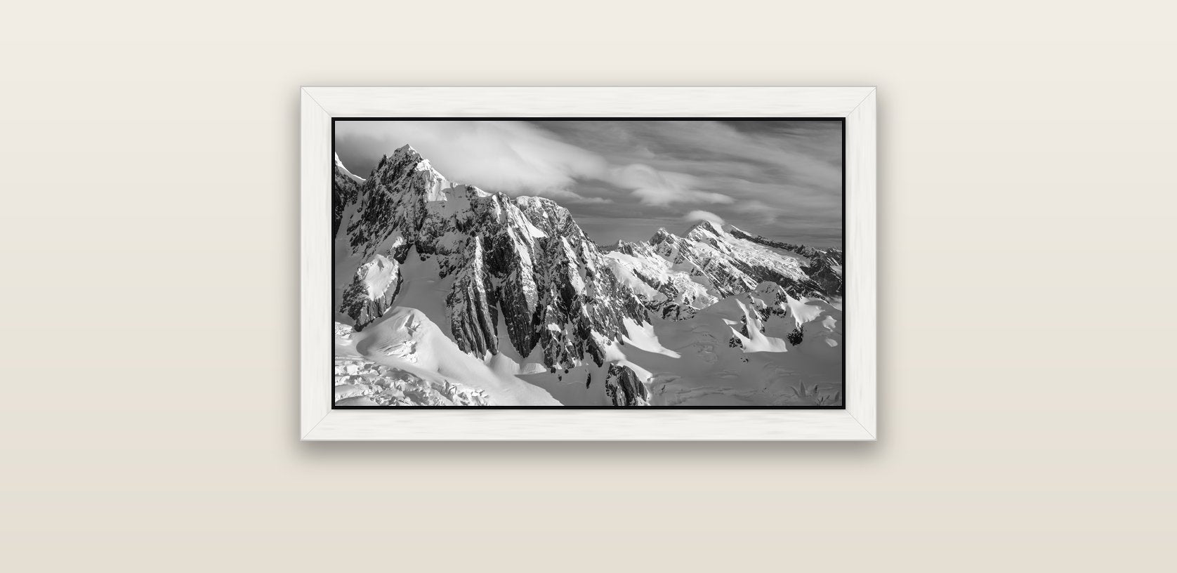 Crown of Cloud, Southern Alps — white float frame canvas, 61 × 36 cm. New Zealand fine art landscape wall art by Stephen Milner.