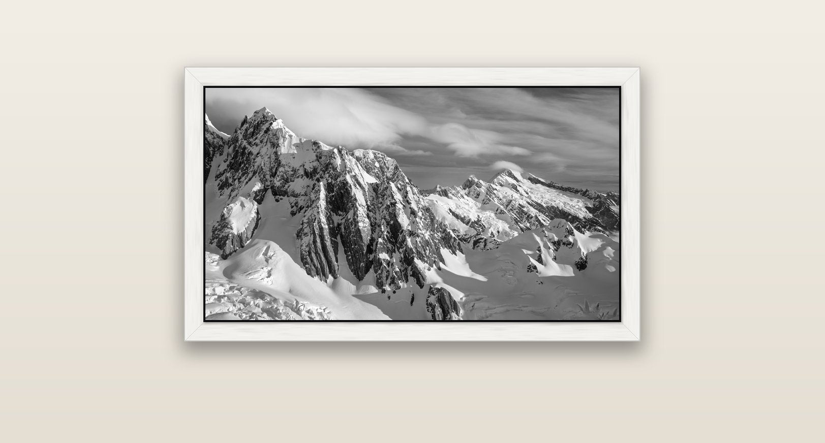 Crown of Cloud, Southern Alps — white float frame canvas, 81 × 46 cm. New Zealand fine art landscape wall art by Stephen Milner.