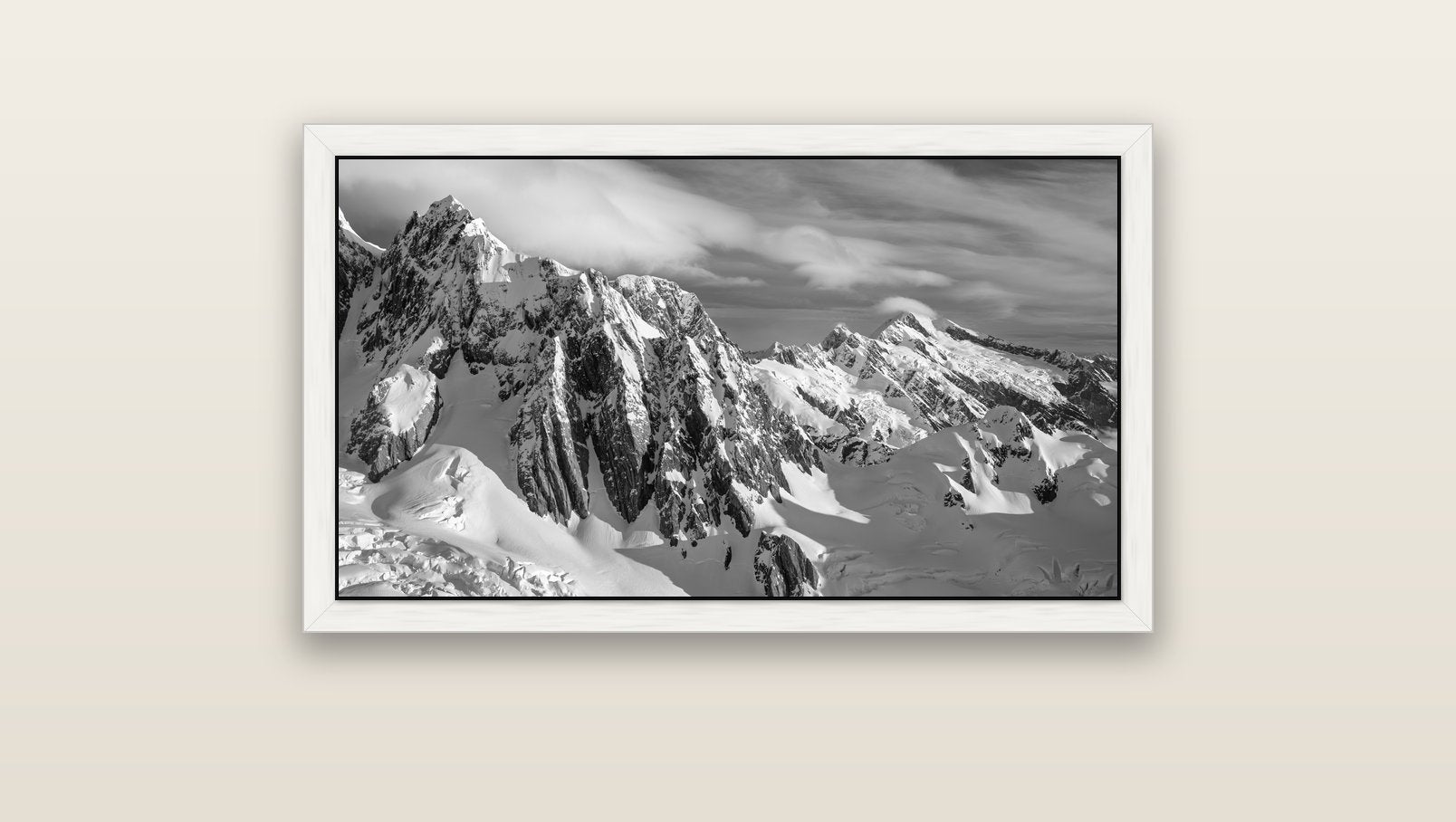 Crown of Cloud, Southern Alps — white float frame canvas, 91 × 51 cm. New Zealand fine art landscape wall art by Stephen Milner.