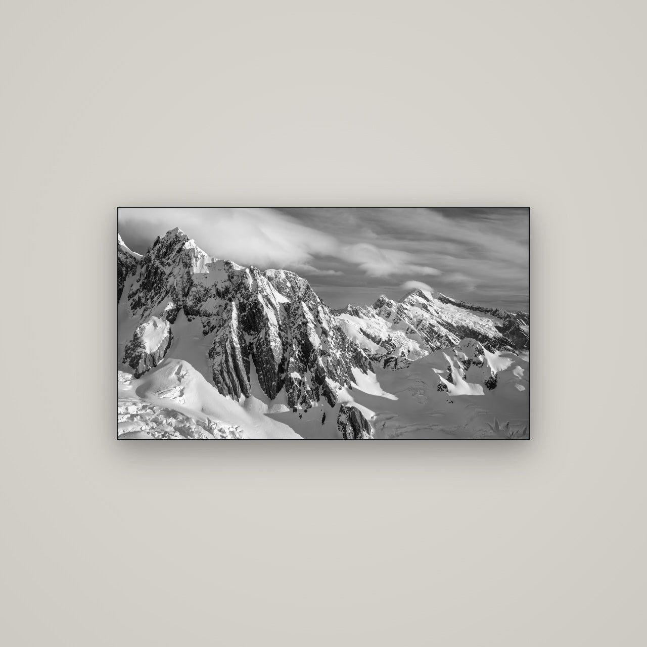 Crown of Cloud, Southern Alps — Slimline Black, 107×60 cm. New Zealand fine art wall art by Stephen Milner.