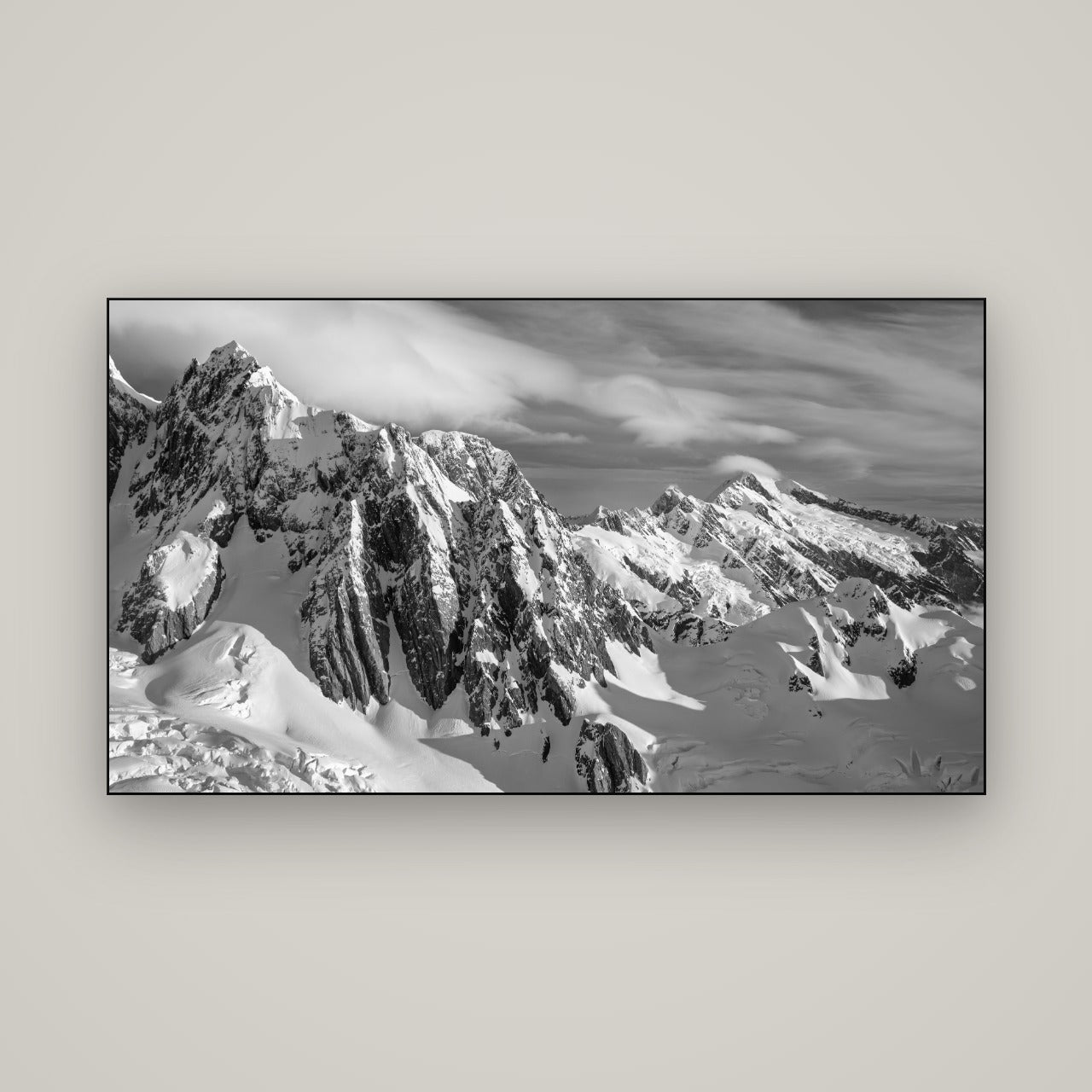 Crown of Cloud, Southern Alps — Slimline Black, 160×90 cm. New Zealand fine art wall art by Stephen Milner.