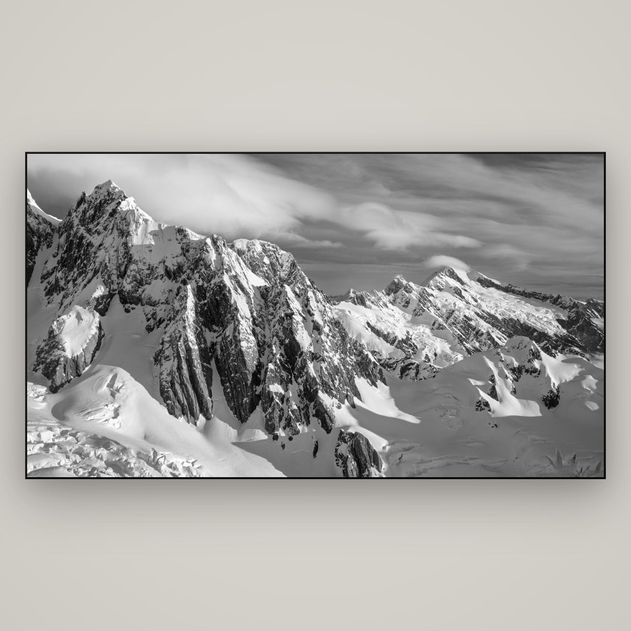 Crown of Cloud, Southern Alps — Slimline Black, 196×110 cm. New Zealand fine art wall art by Stephen Milner.