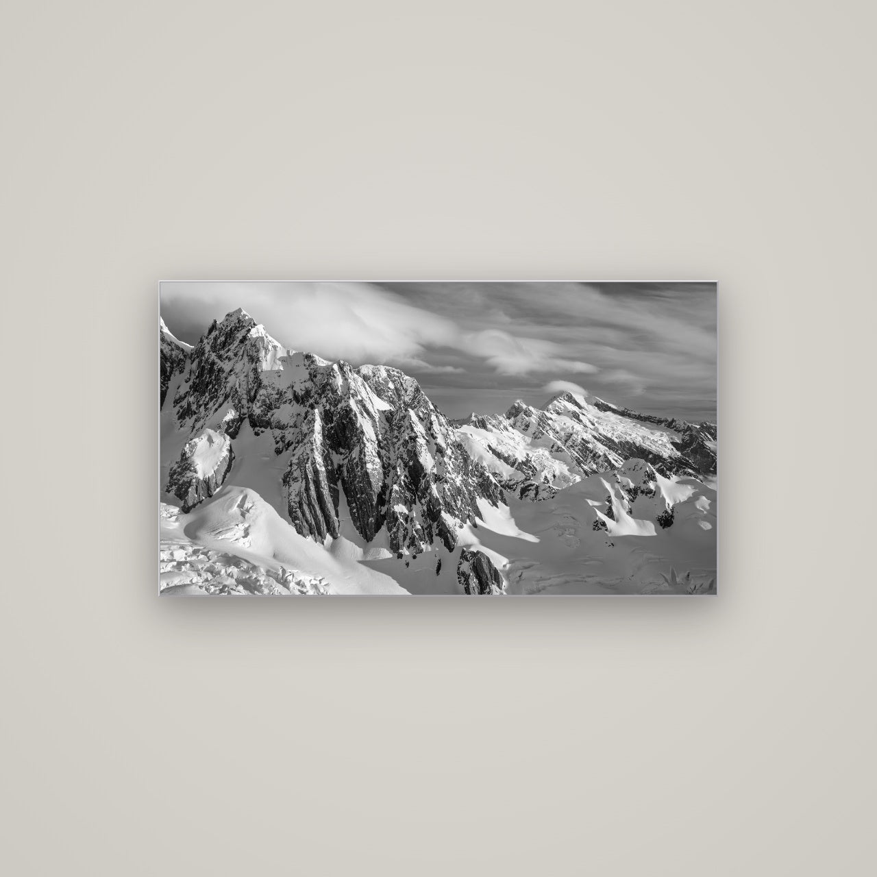 Crown of Cloud, Southern Alps — Slimline Silver, 107×60 cm. New Zealand fine art wall art by Stephen Milner.
