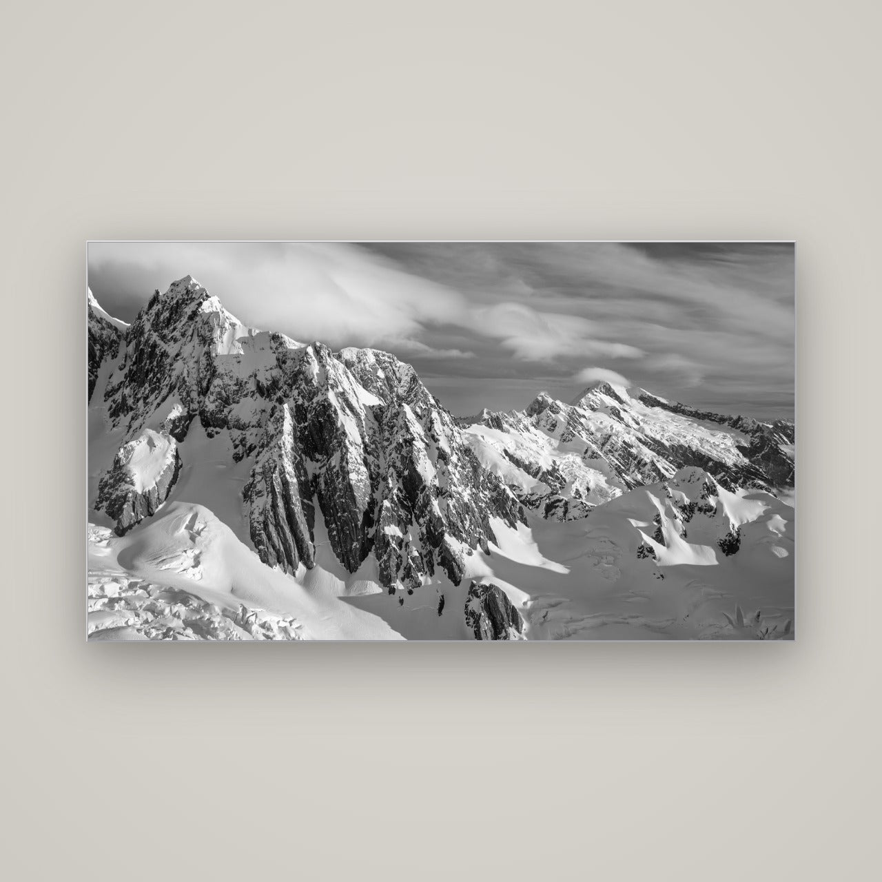 Crown of Cloud, Southern Alps — Slimline Silver, 160×90 cm. New Zealand fine art wall art by Stephen Milner.