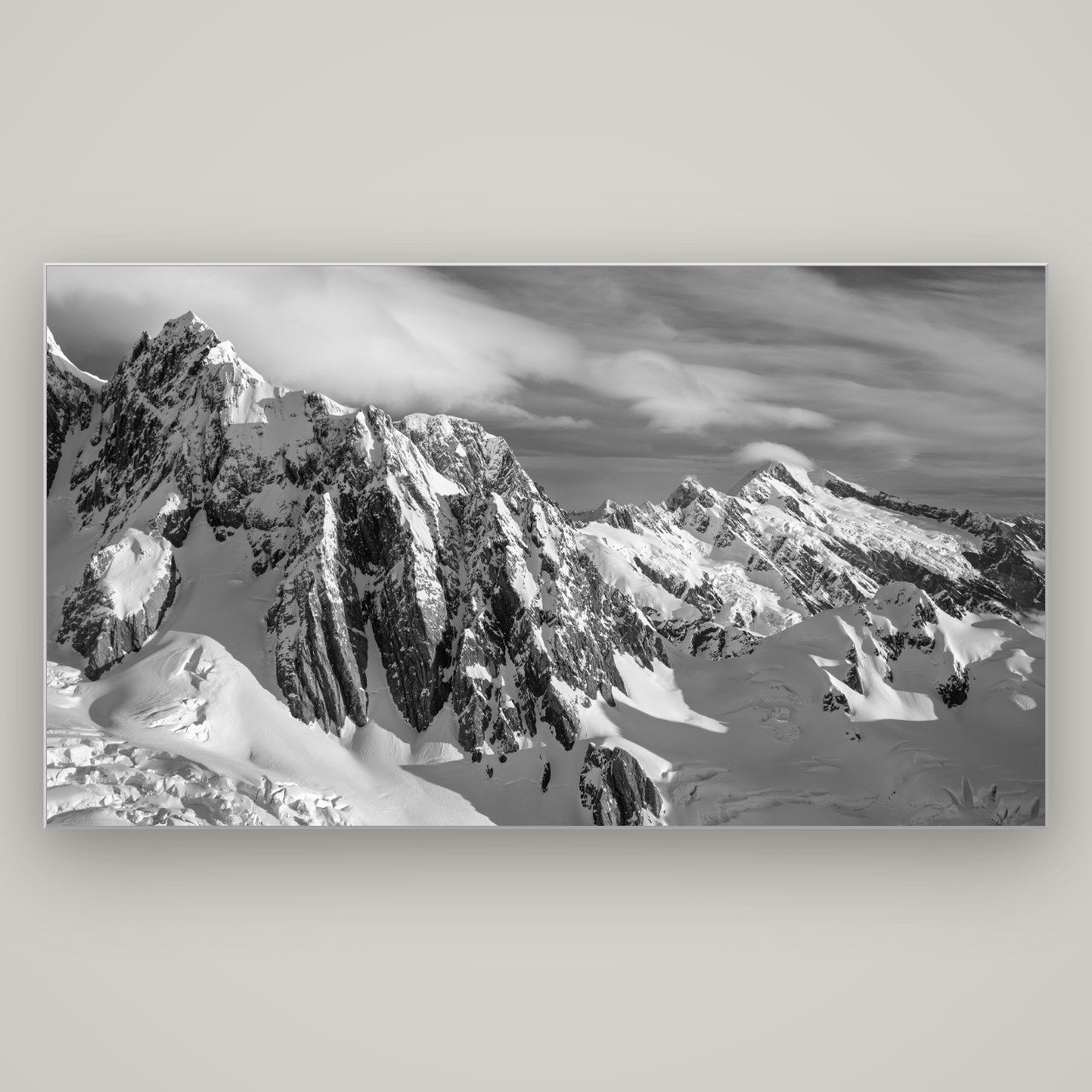 Crown of Cloud, Southern Alps — Slimline Silver, 196×110 cm. New Zealand fine art wall art by Stephen Milner.