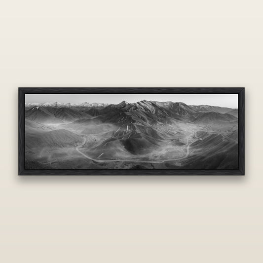 Dawn's Embrace, Lindis Pass Chronicles, black and white framed metallic canvas print, Black frame. New Zealand fine art wall art by Stephen Milner.