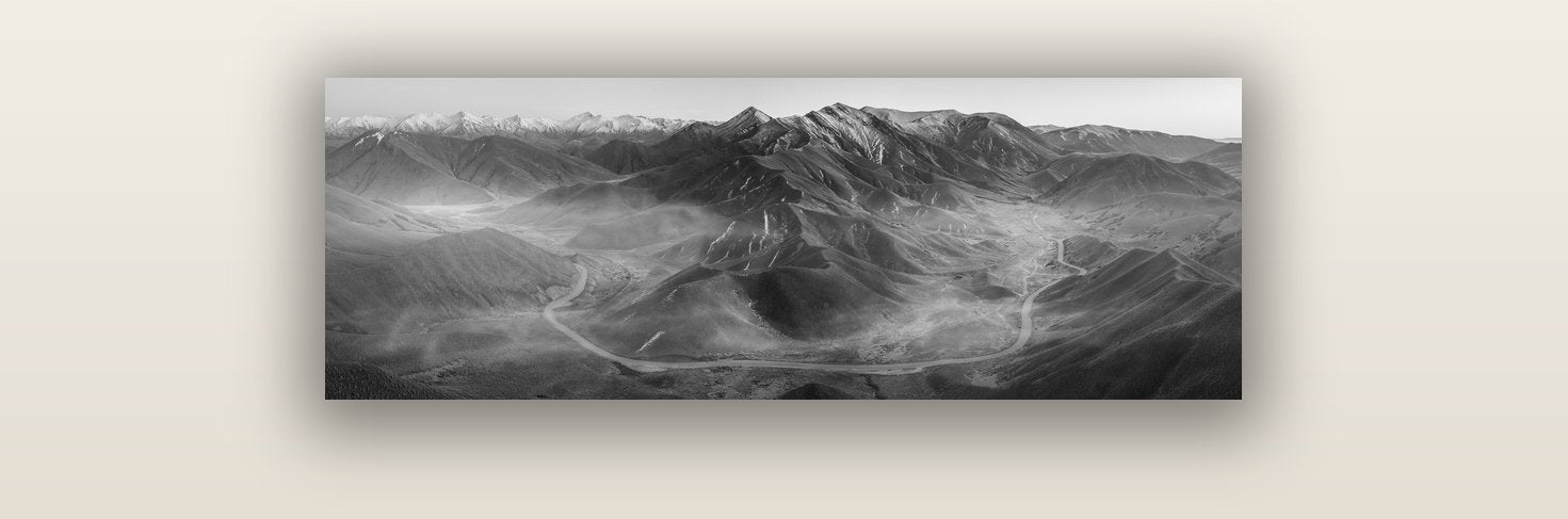 Dawn's Embrace, Lindis Pass Chronicles — acrylic glass print, 91 × 30 cm. New Zealand fine art landscape wall art by Stephen Milner.