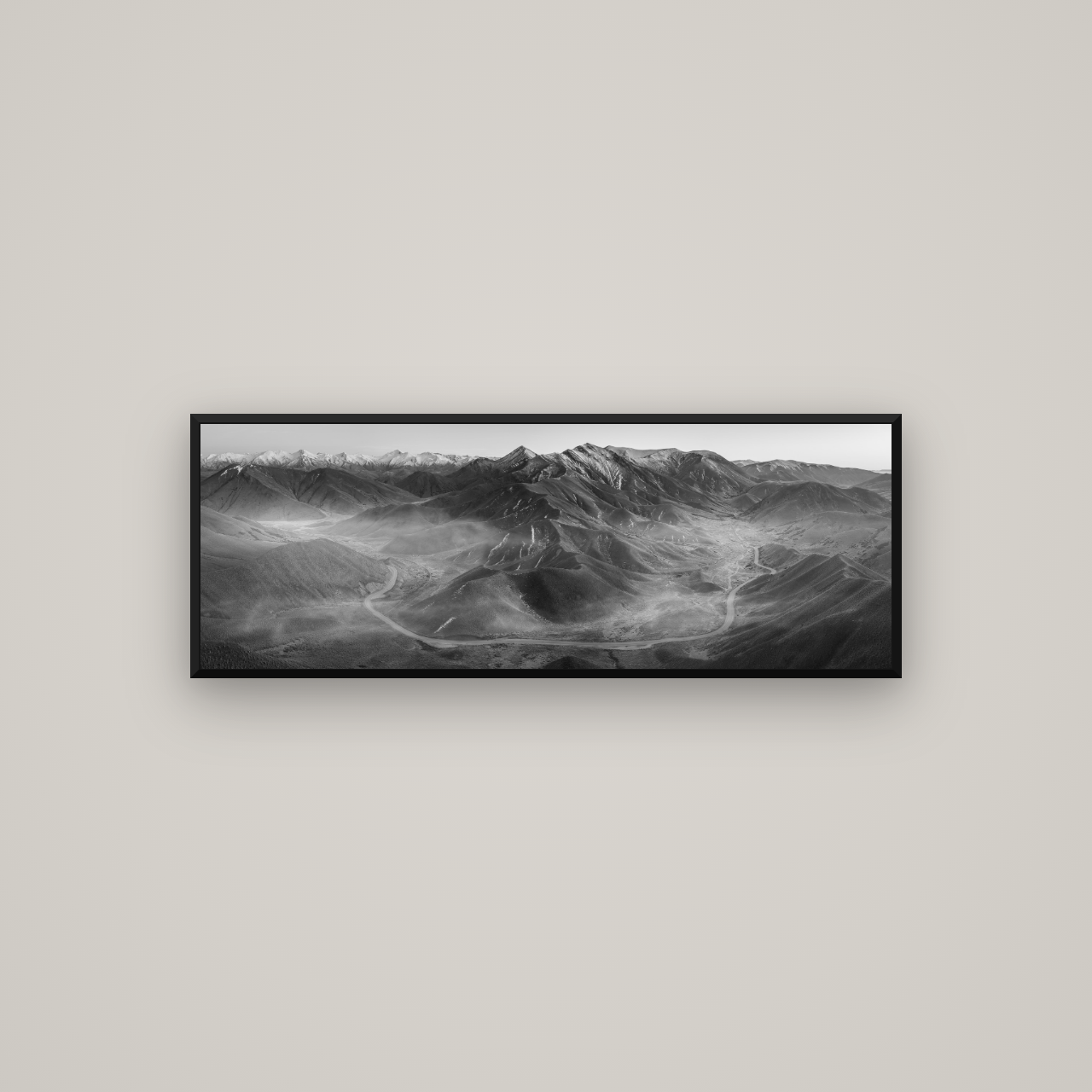 Dawn's Embrace, Lindis Pass Chronicles — Basel Black Matte, 113×40 cm. New Zealand fine art wall art by Stephen Milner.