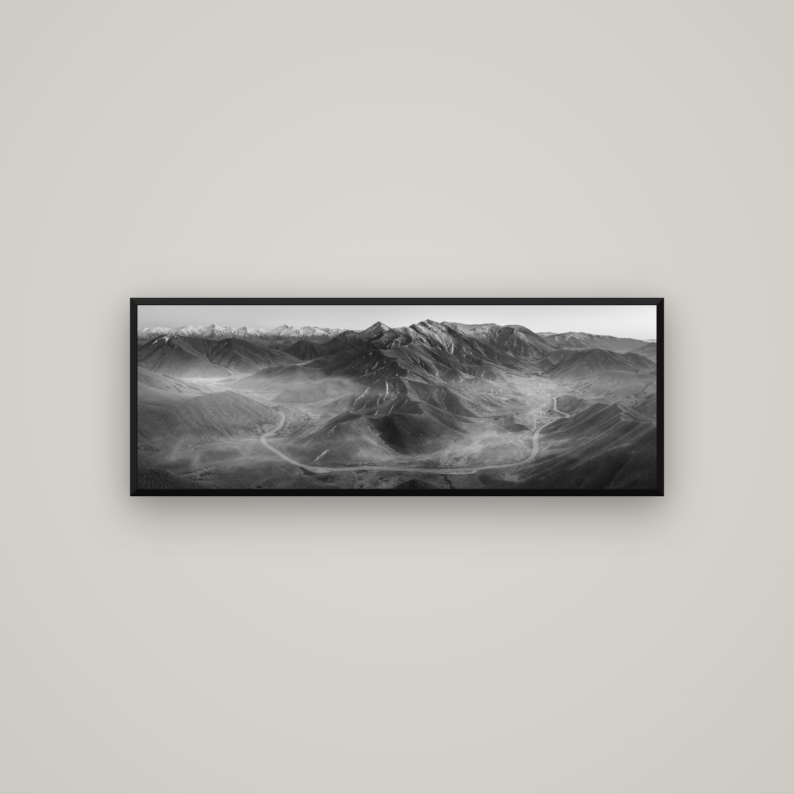 Dawn's Embrace, Lindis Pass Chronicles — Basel Black Matte, 113×40 cm. New Zealand fine art wall art by Stephen Milner.