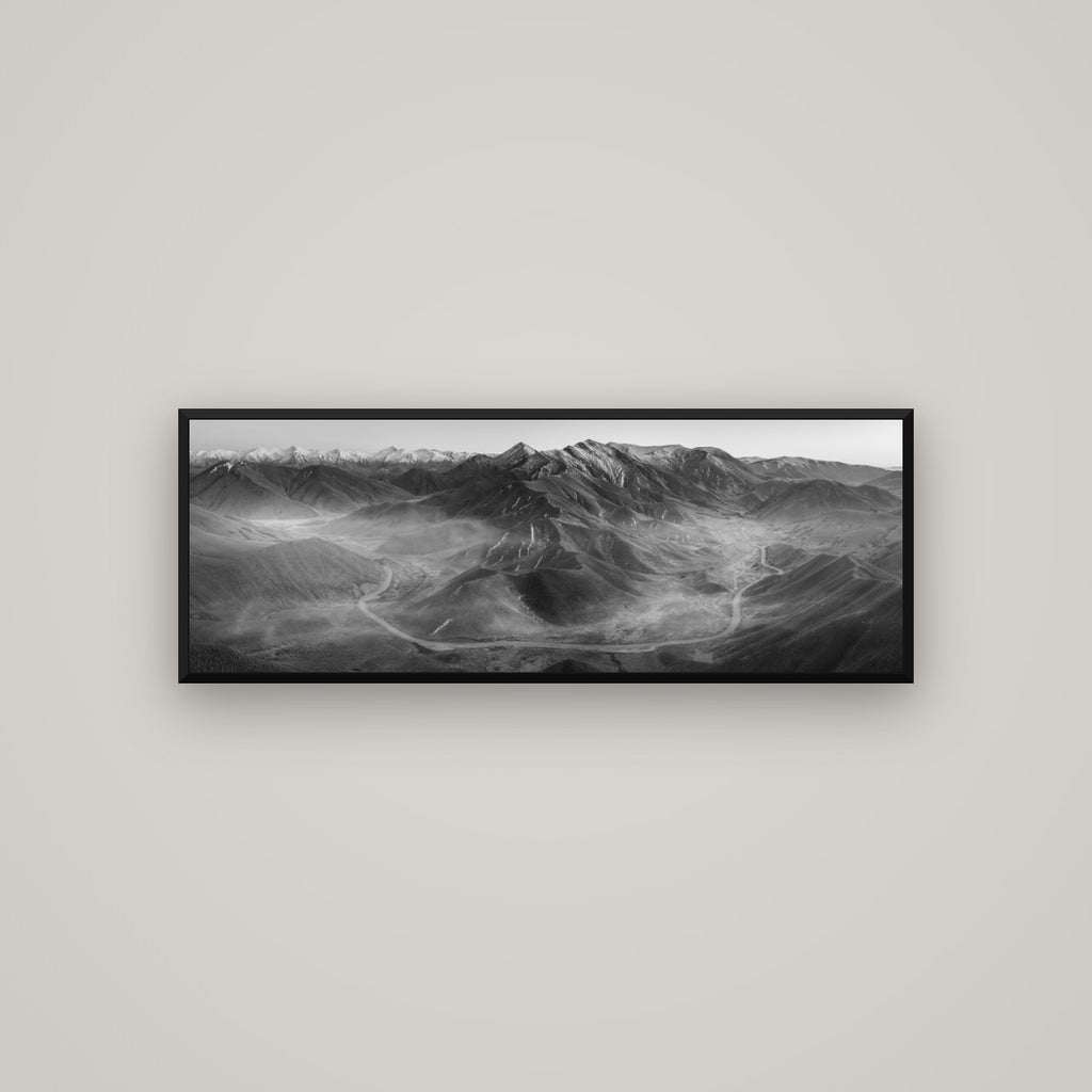 Dawn's Embrace, Lindis Pass Chronicles — Basel Black Matte, 113×40 cm. New Zealand fine art wall art by Stephen Milner.
