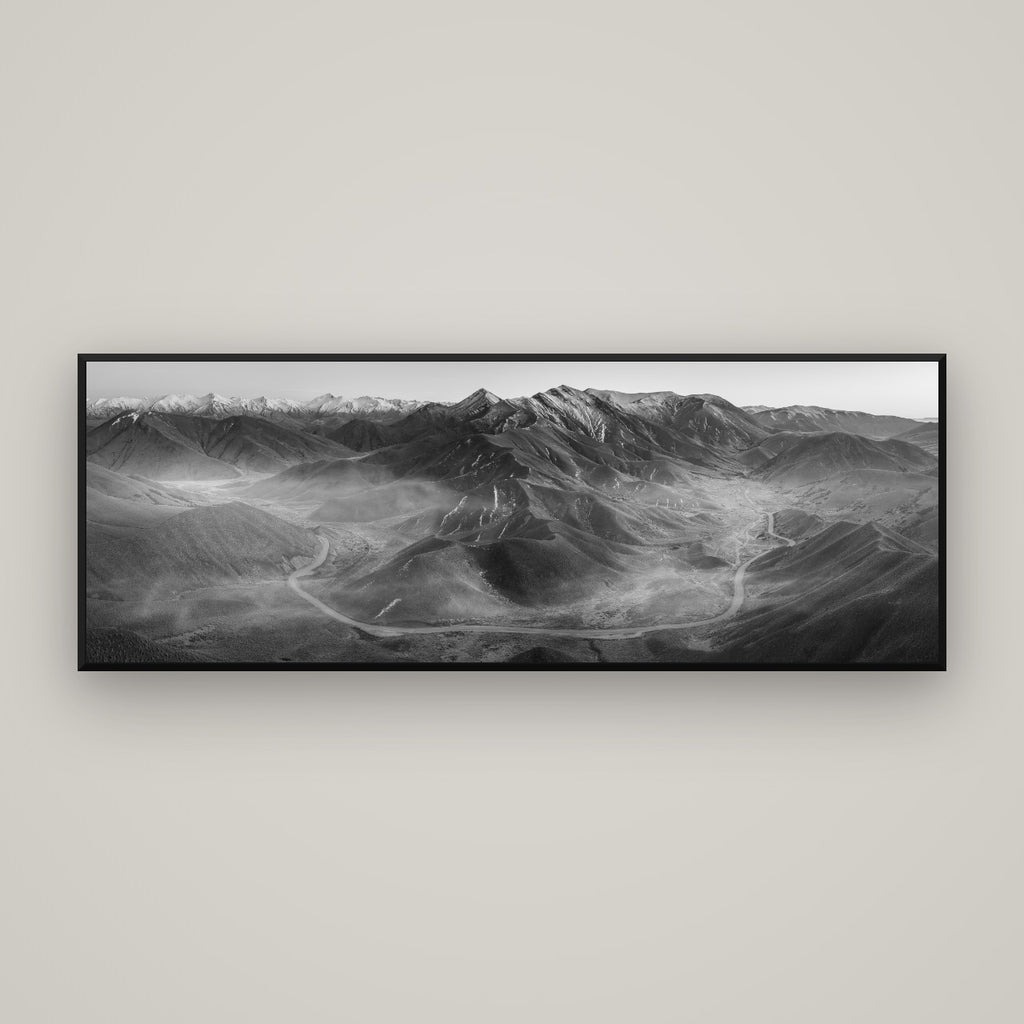 Dawn's Embrace, Lindis Pass Chronicles — Basel Black Matte, 170×60 cm. New Zealand fine art wall art by Stephen Milner.