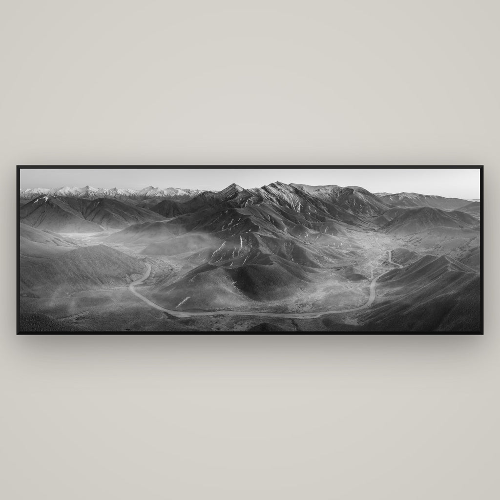 Dawn's Embrace, Lindis Pass Chronicles — Basel Black Matte, 198×70 cm. New Zealand fine art wall art by Stephen Milner.