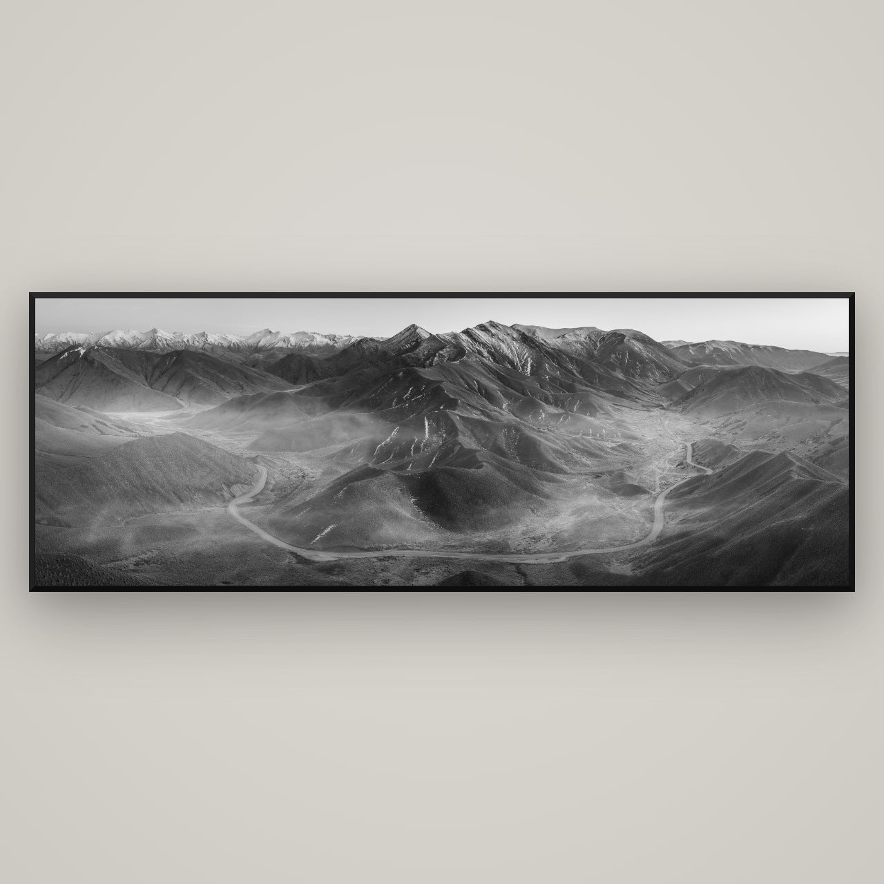 Dawn's Embrace, Lindis Pass Chronicles — Basel Black, 198×70 cm. New Zealand fine art wall art by Stephen Milner.