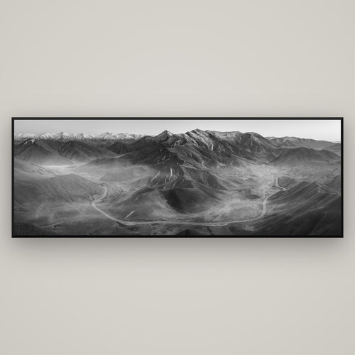 Dawn's Embrace, Lindis Pass Chronicles — Basel Black, 198×70 cm. New Zealand fine art wall art by Stephen Milner.