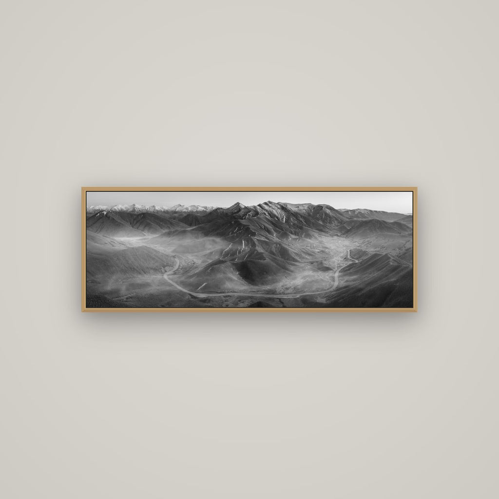Dawn's Embrace, Lindis Pass Chronicles, Basel Natural Oak, 113×40 cm. New Zealand fine art wall art by Stephen Milner.