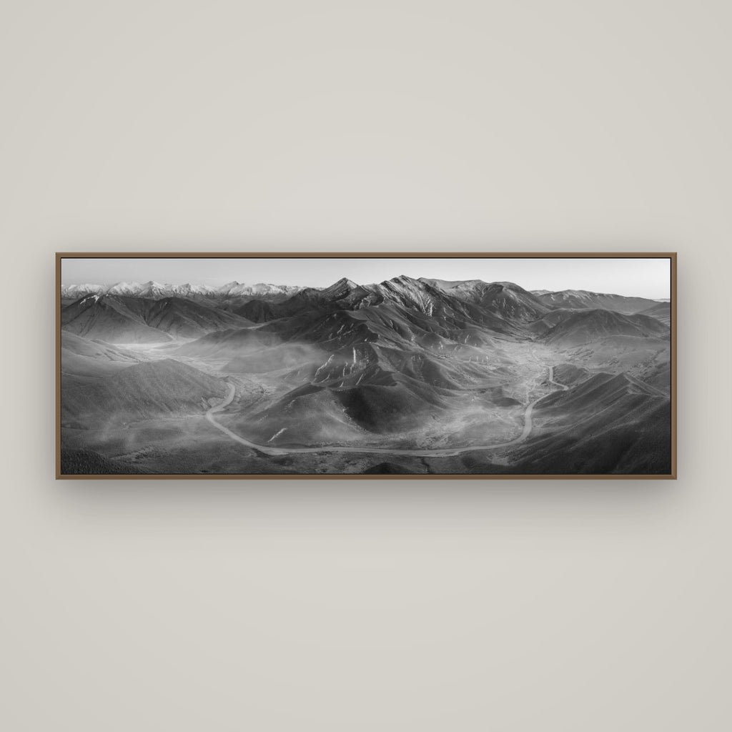 Dawn's Embrace, Lindis Pass Chronicles, Basel Walnut, 170×60 cm. New Zealand fine art wall art by Stephen Milner.