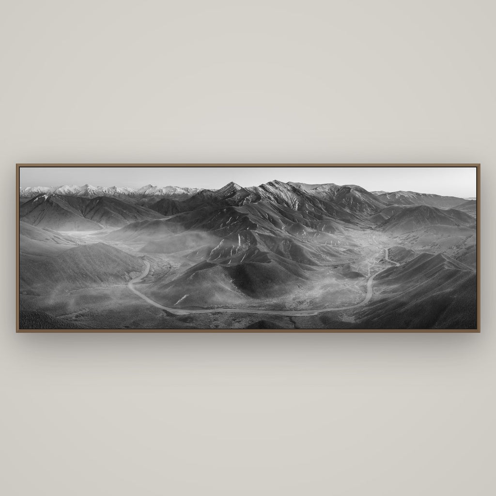 Dawn's Embrace, Lindis Pass Chronicles, Basel Walnut, 198×70 cm. New Zealand fine art wall art by Stephen Milner.