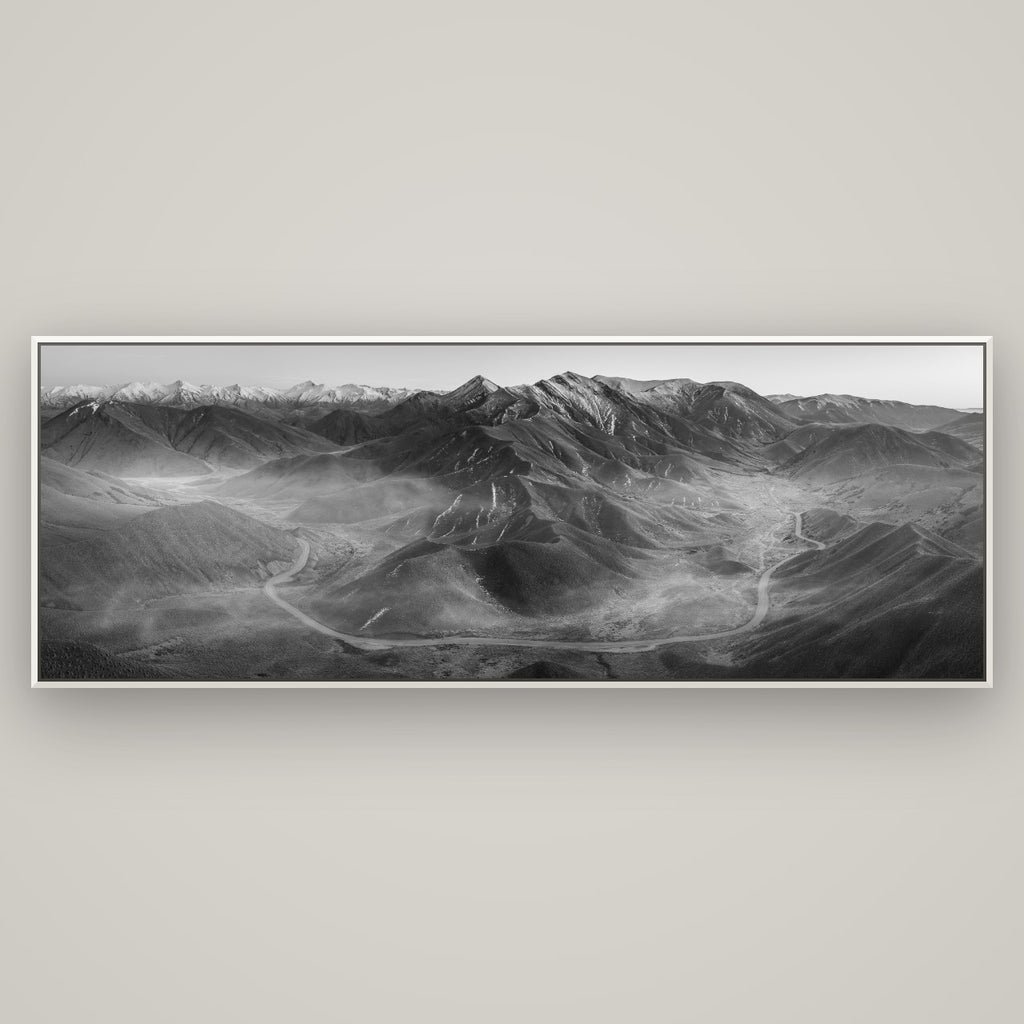 Dawn's Embrace, Lindis Pass Chronicles — Basel White, 198×70 cm. New Zealand fine art wall art by Stephen Milner.