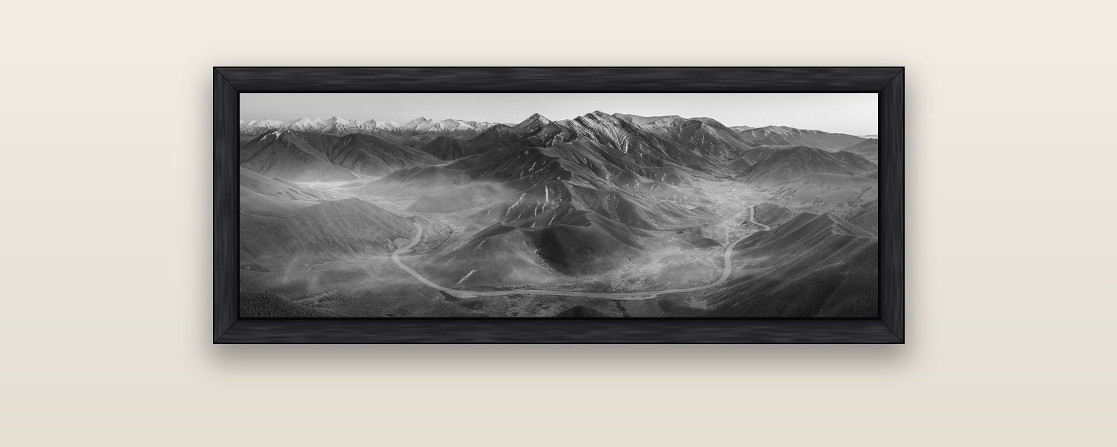 Dawn's Embrace, Lindis Pass Chronicles — black float frame canvas, 102 × 36 cm. New Zealand fine art landscape wall art by Stephen Milner.