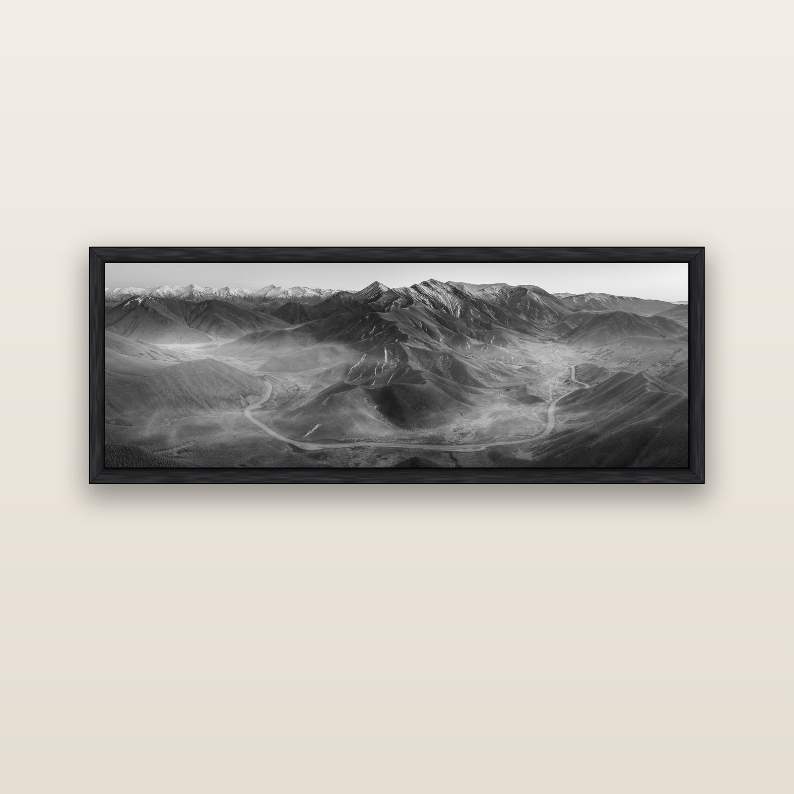 Dawn's Embrace, Lindis Pass Chronicles — black float frame canvas, 152 × 56 cm. New Zealand fine art landscape wall art by Stephen Milner.