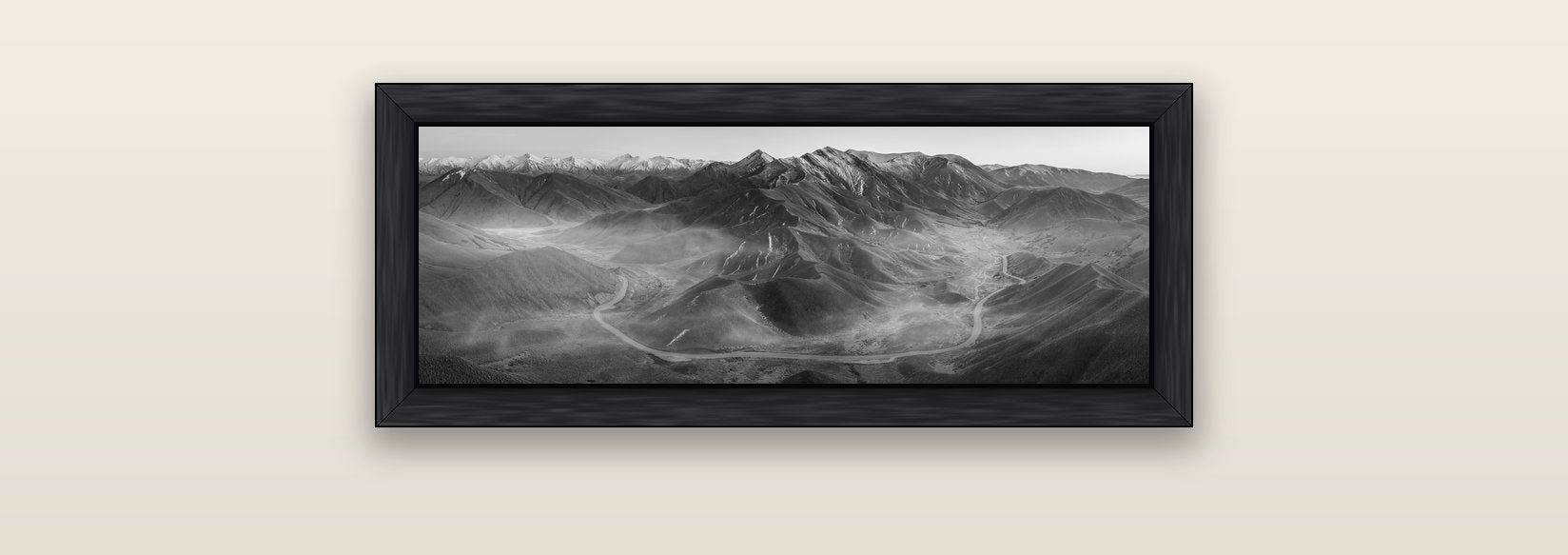 Dawn's Embrace, Lindis Pass Chronicles — black float frame canvas, 71 × 25 cm. New Zealand fine art landscape wall art by Stephen Milner.