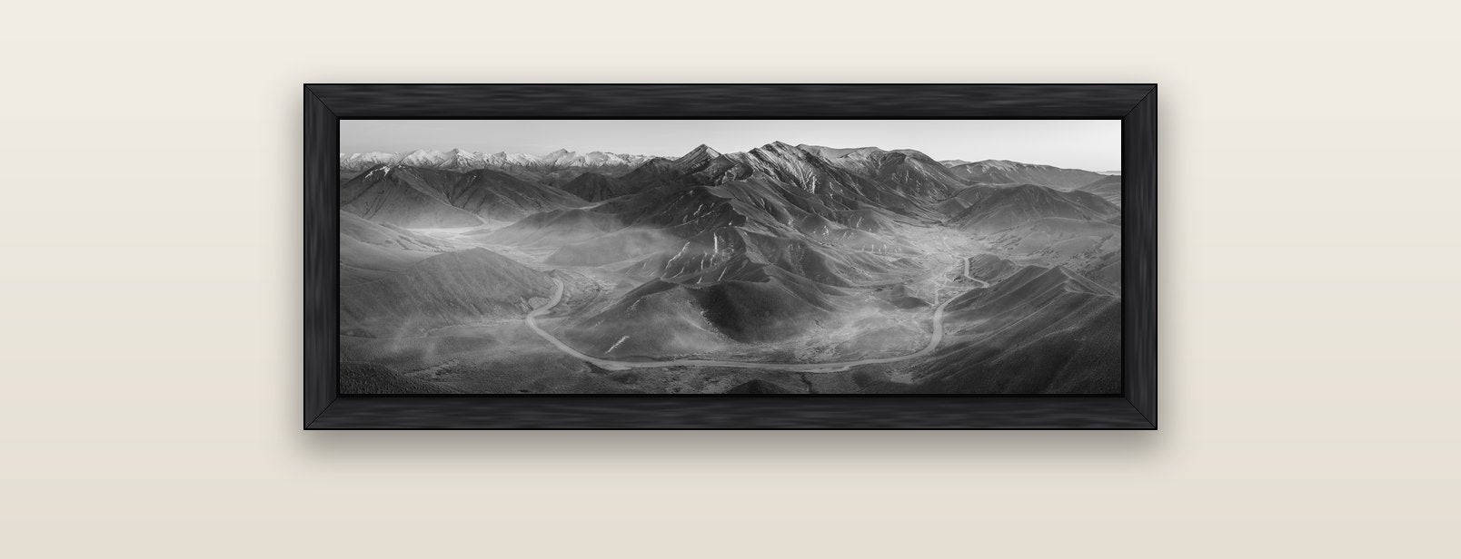 Dawn's Embrace, Lindis Pass Chronicles — black float frame canvas, 91 × 31 cm. New Zealand fine art landscape wall art by Stephen Milner.