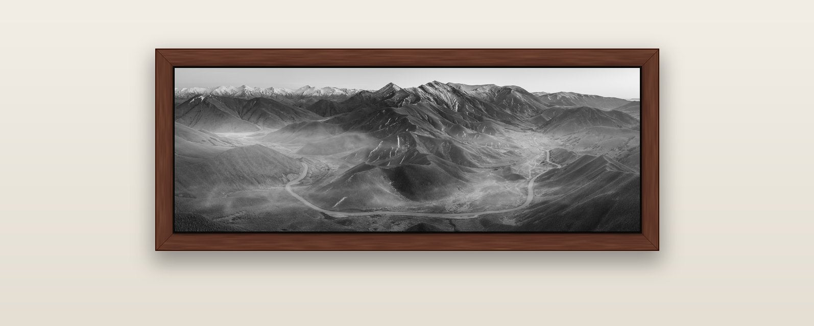 Dawn's Embrace, Lindis Pass Chronicles — brown float frame canvas, 102 × 36 cm. New Zealand fine art landscape wall art by Stephen Milner.