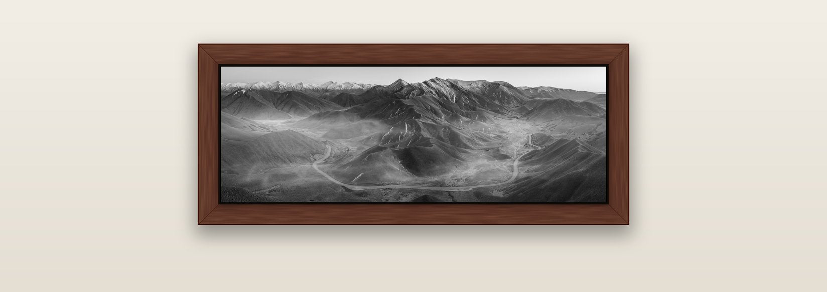Dawn's Embrace, Lindis Pass Chronicles — brown float frame canvas, 71 × 25 cm. New Zealand fine art landscape wall art by Stephen Milner.