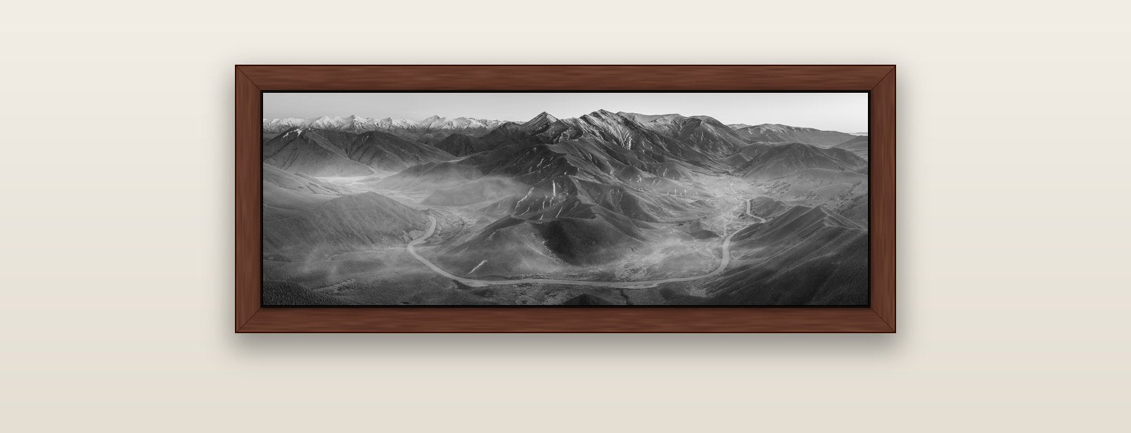 Dawn's Embrace, Lindis Pass Chronicles — brown float frame canvas, 91 × 31 cm. New Zealand fine art landscape wall art by Stephen Milner.