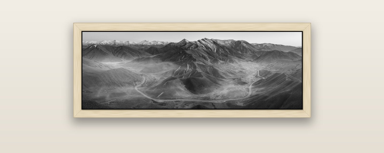 Dawn's Embrace, Lindis Pass Chronicles — natural float frame canvas, 102 × 36 cm. New Zealand fine art landscape wall art by Stephen Milner.