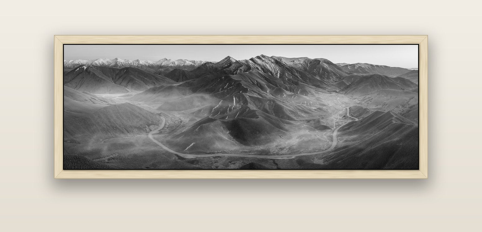 Dawn's Embrace, Lindis Pass Chronicles — natural float frame canvas, 152 × 56 cm. New Zealand fine art landscape wall art by Stephen Milner.