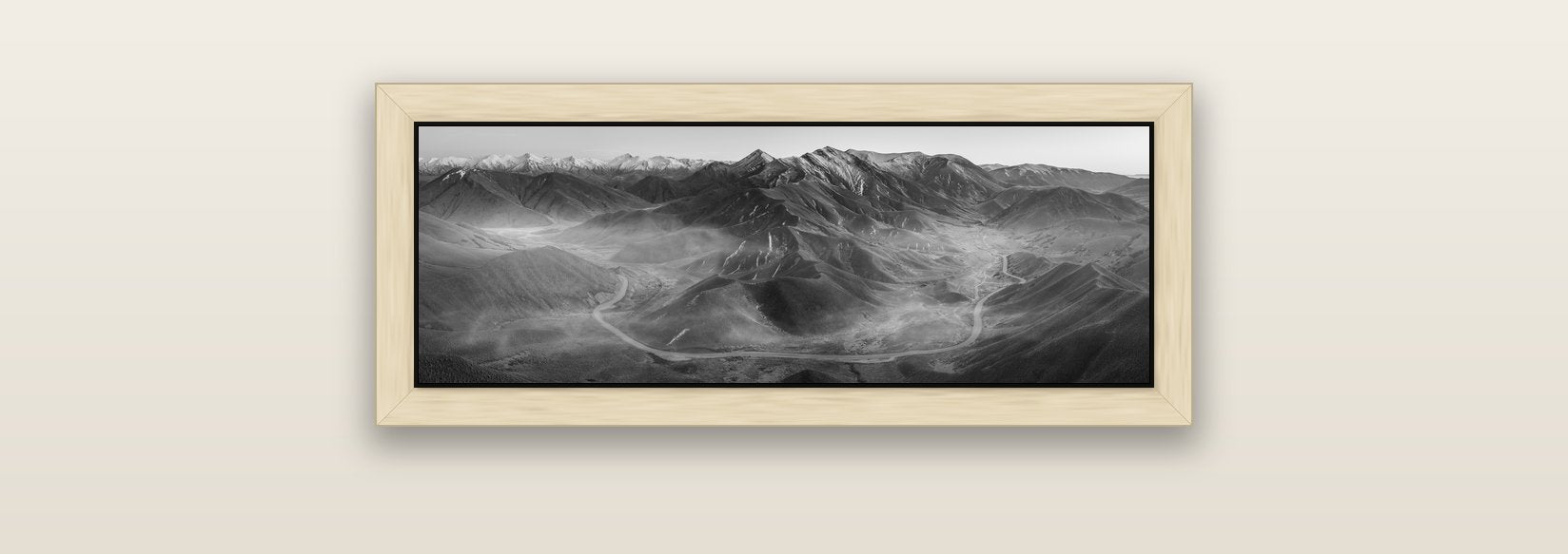 Dawn's Embrace, Lindis Pass Chronicles — natural float frame canvas, 71 × 25 cm. New Zealand fine art landscape wall art by Stephen Milner.