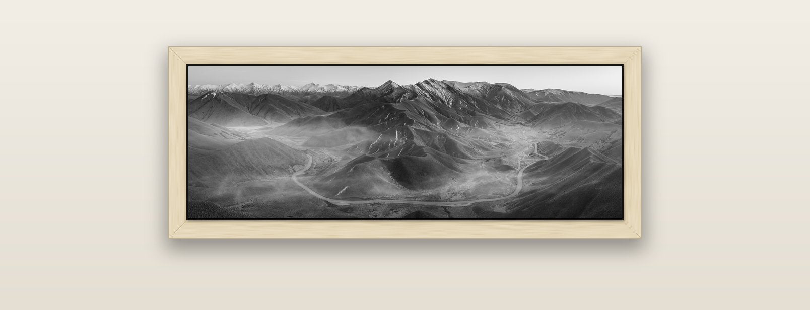 Dawn's Embrace, Lindis Pass Chronicles — natural float frame canvas, 91 × 31 cm. New Zealand fine art landscape wall art by Stephen Milner.