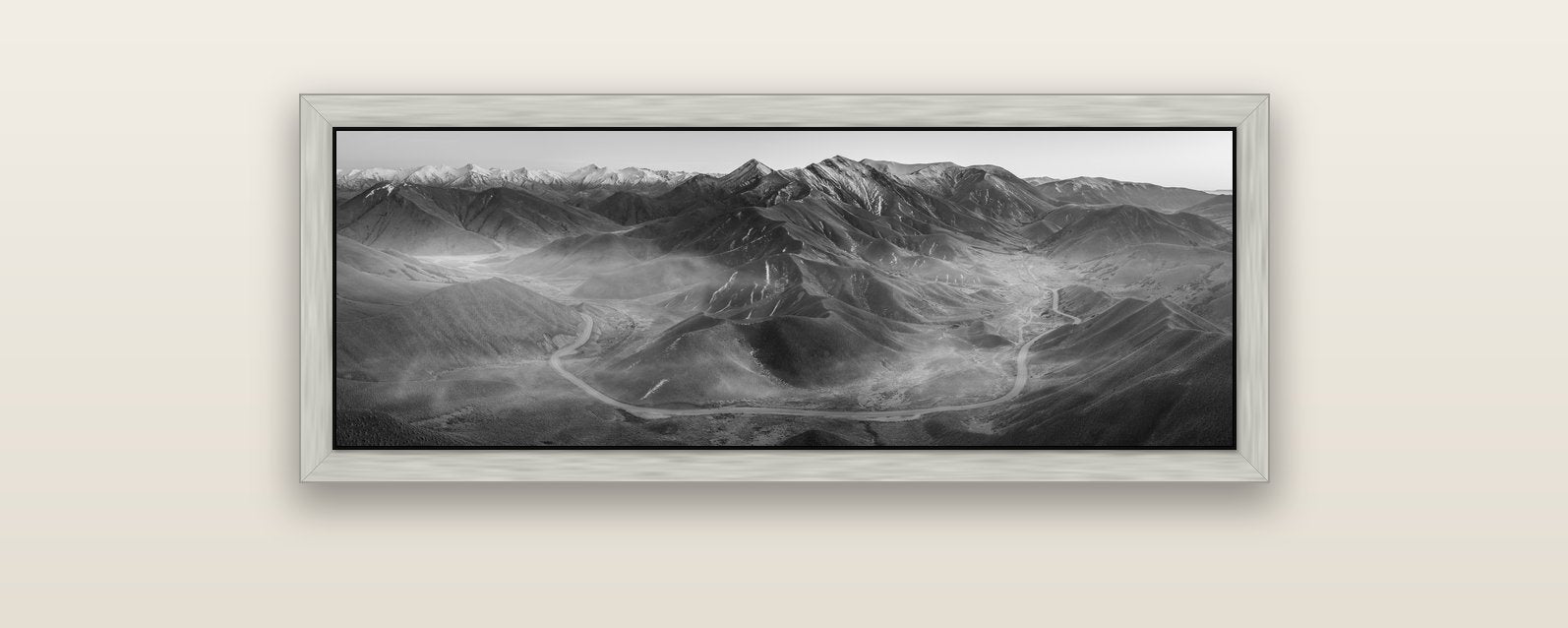 Dawn's Embrace, Lindis Pass Chronicles — silver float frame canvas, 102 × 36 cm. New Zealand fine art landscape wall art by Stephen Milner.