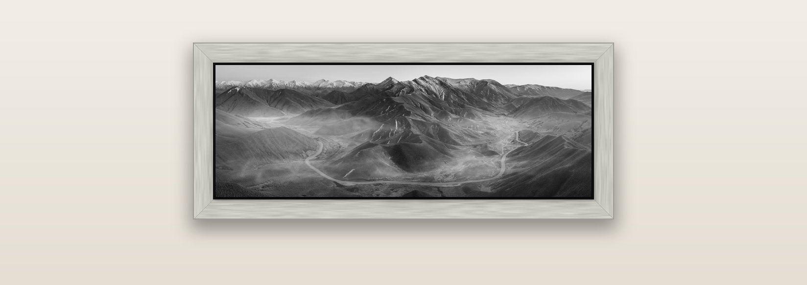 Dawn's Embrace, Lindis Pass Chronicles — silver float frame canvas, 71 × 25 cm. New Zealand fine art landscape wall art by Stephen Milner.