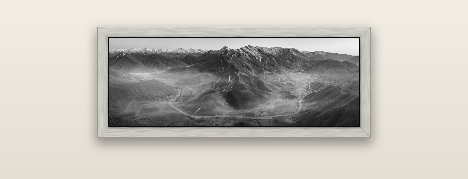 Dawn's Embrace, Lindis Pass Chronicles — silver float frame canvas, 91 × 31 cm. New Zealand fine art landscape wall art by Stephen Milner.
