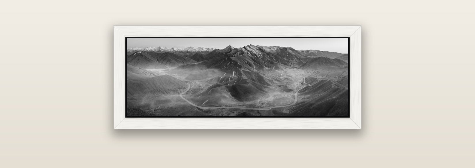 Dawn's Embrace, Lindis Pass Chronicles — white float frame canvas, 71 × 25 cm. New Zealand fine art landscape wall art by Stephen Milner.