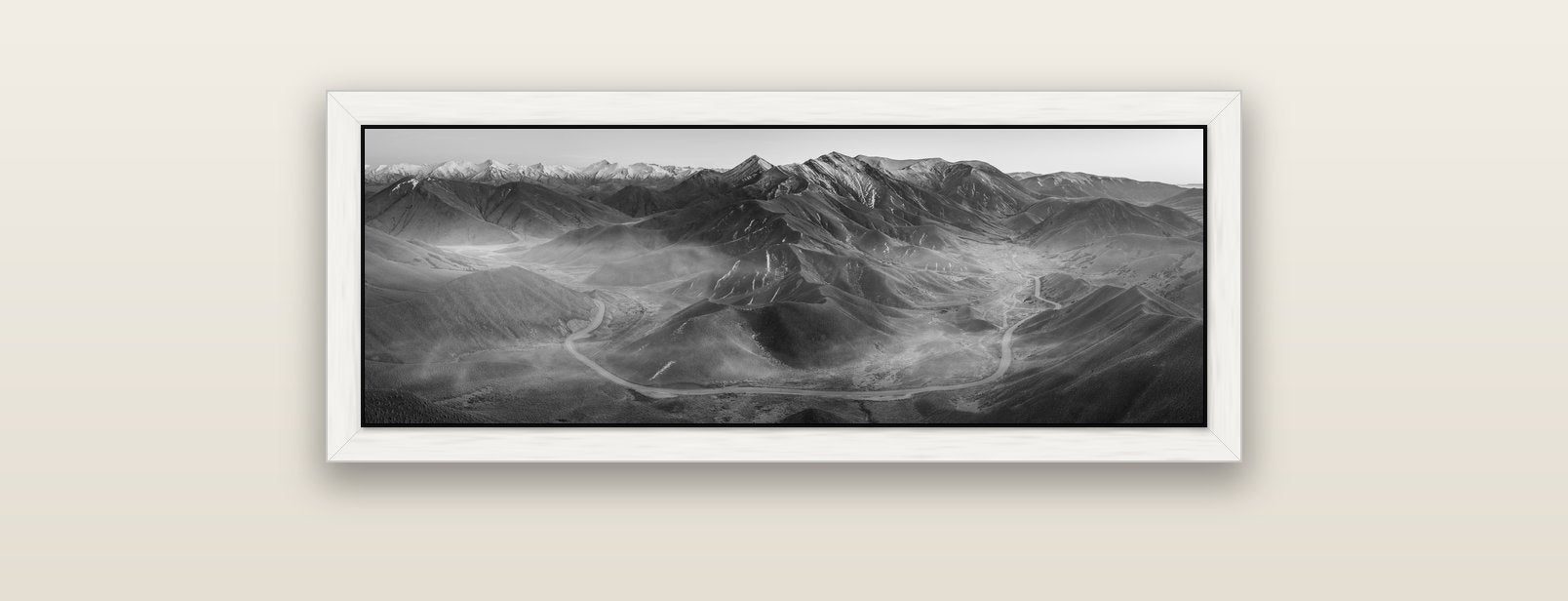 Dawn's Embrace, Lindis Pass Chronicles — white float frame canvas, 91 × 31 cm. New Zealand fine art landscape wall art by Stephen Milner.