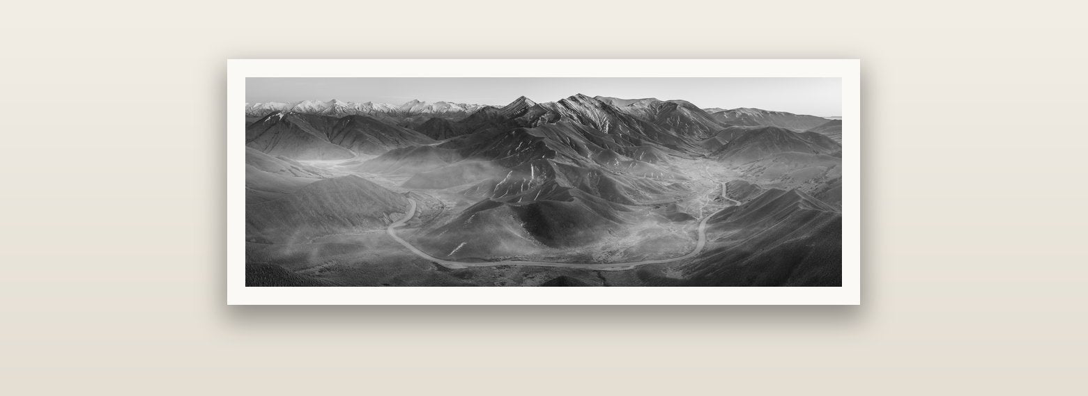 Dawn's Embrace, Lindis Pass Chronicles — Hahnemühle fine art print, 90 × 30 cm. New Zealand fine art landscape photography by Stephen Milner.